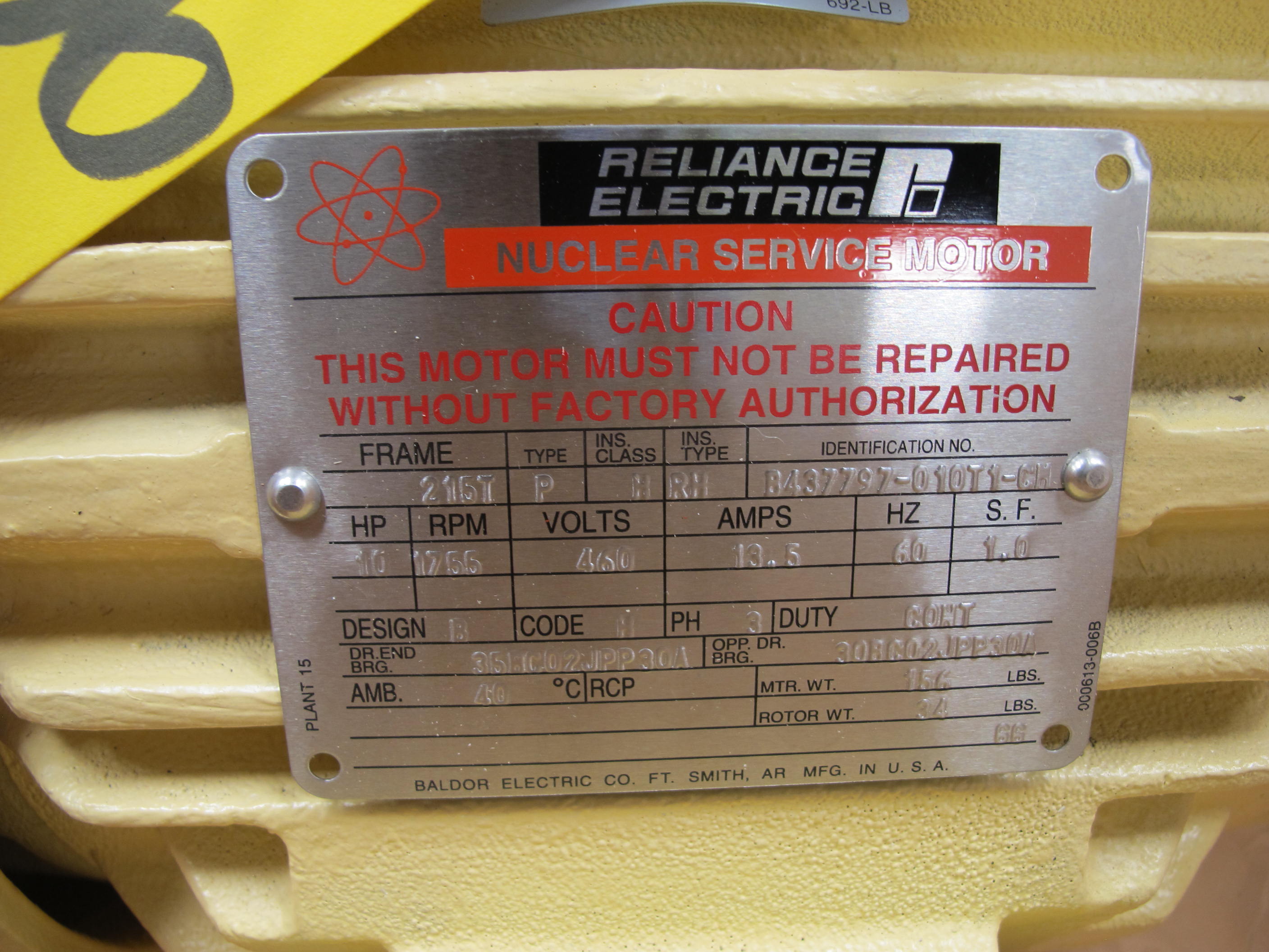 MOTOR, ELECTRIC TYPE, 10 HORSEPOWER, 460VAC, 3PH ELEC RATING, 1800 RPM, 215T FRAME, 13.5 FLA AMPS, TEFC-XT ENCLOSURE, CONT. DUTY, 1.0 SERVICE FACTOR. DRAWING NUMBER 7YF88248741-YC NEMA CODE H NEMA DESIGN B CLASS-H/RH INSULATION (W-44) LOADING & HANDLING FEE $15-